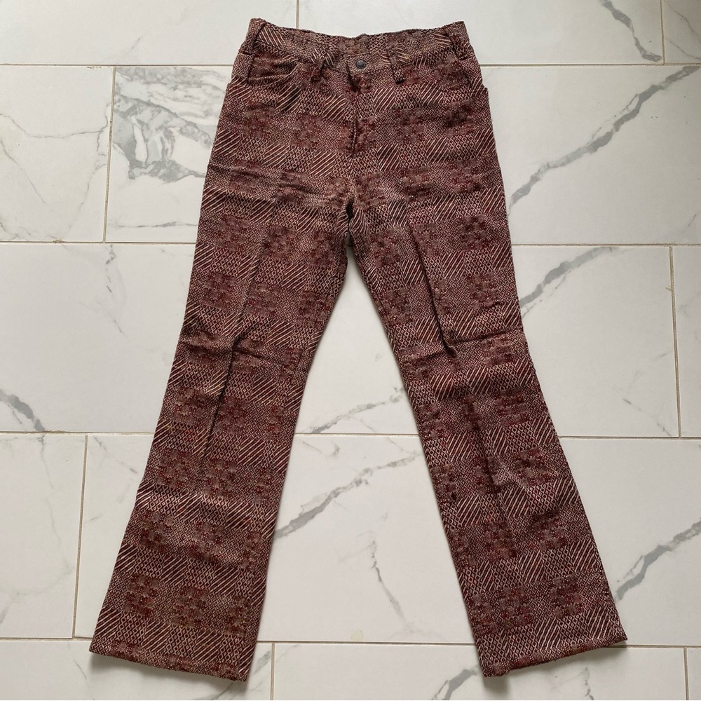 Vintage 1970s 70s Bell Bottom Flare Pants Tweed 29” Waist Red White Print